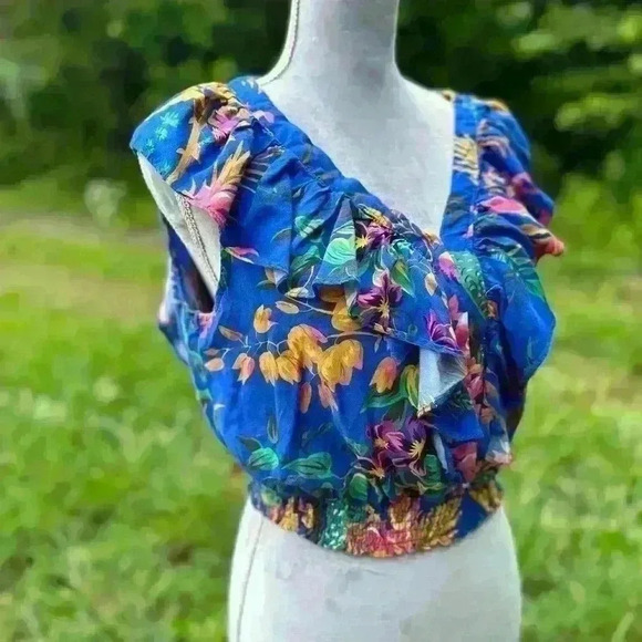 RACHEL Rachel Roy v neck shirt with ruffle and rouched waist. Vibrant blue, pink - Picture 5 of 8